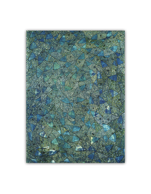 30"x40" painting with deep blues, emerald greens, and gold accents, featuring intricately painted sardines gliding through abstract textures, capturing the ocean's vivid colors.