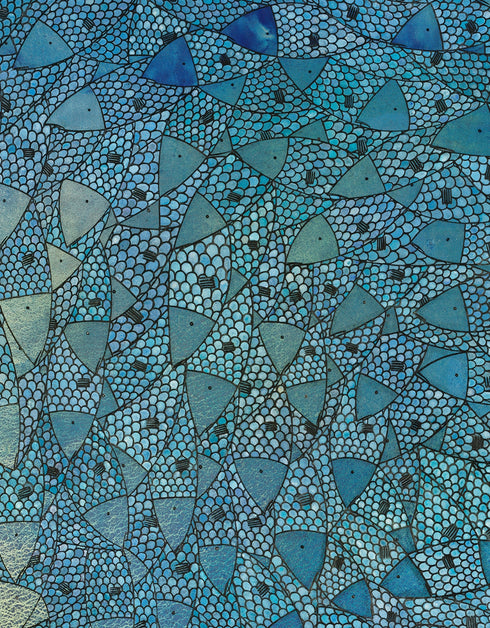 Blue Sardines is a Limited Edition Print by Seth B. Minkin with radiant blues, vibrant greens, and golden highlights, showcasing the brilliance of a school of swirling sardines.