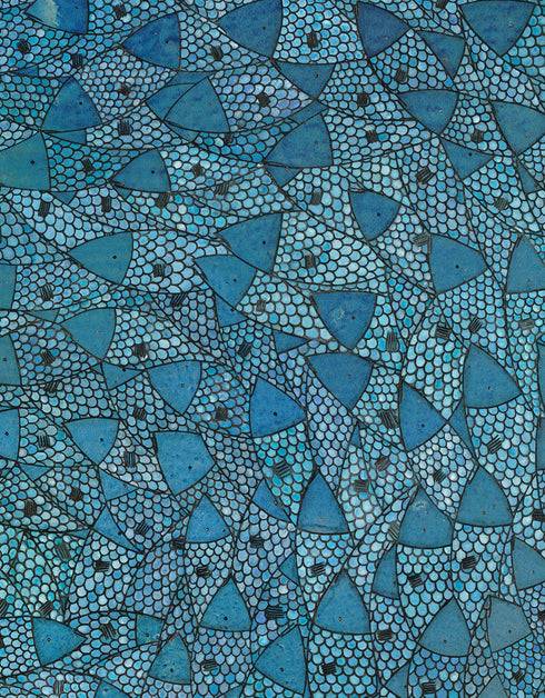 Blue Sardines is a Limited Edition Print by Seth B. Minkin with radiant blues, vibrant greens, and golden highlights, showcasing the brilliance of a school of swirling sardines.