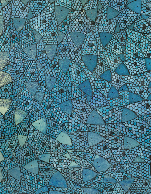 Blue Sardines is a Limited Edition Print by Seth B. Minkin with radiant blues, vibrant greens, and golden highlights, showcasing the brilliance of a school of swirling sardines.