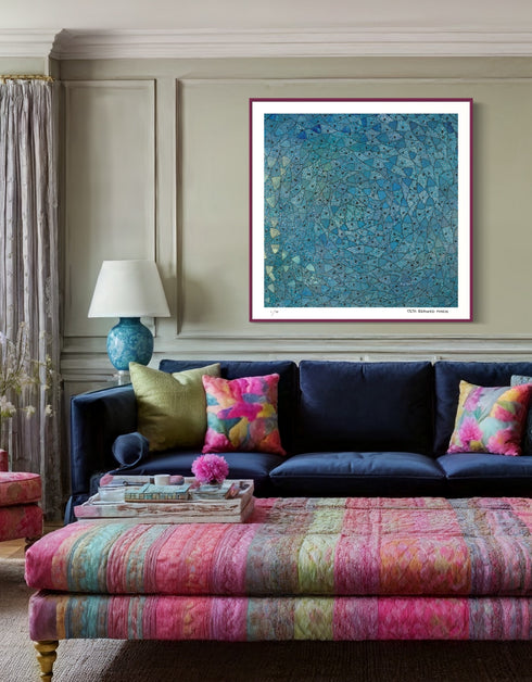 Blue Sardines is a Limited Edition Print by Seth B. Minkin with radiant blues, vibrant greens, and golden highlights, showcasing the brilliance of a school of swirling sardines.