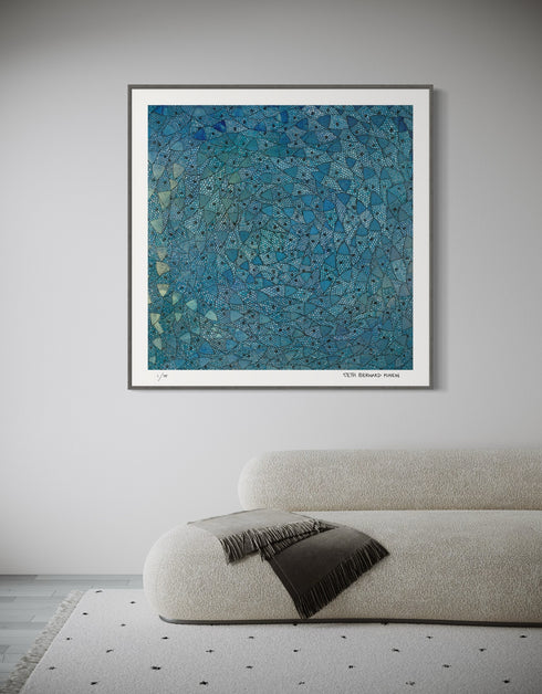 Blue Sardines is a Limited Edition Print by Seth B. Minkin with radiant blues, vibrant greens, and golden highlights, showcasing the brilliance of a school of swirling sardines.