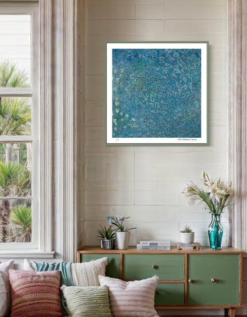 Blue Sardines is a Limited Edition Print by Seth B. Minkin with radiant blues, vibrant greens, and golden highlights, showcasing the brilliance of a school of swirling sardines.