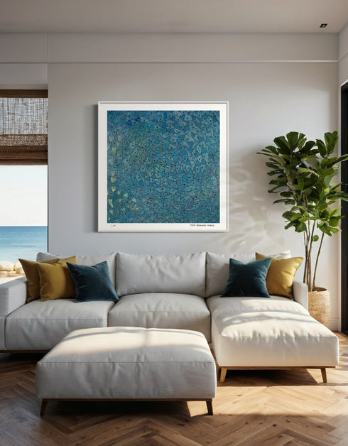 Blue Sardines is a Limited Edition Print by Seth B. Minkin with radiant blues, vibrant greens, and golden highlights, showcasing the brilliance of a school of swirling sardines.