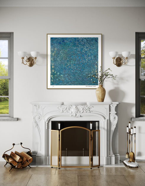 Blue Sardines is a Limited Edition Print by Seth B. Minkin with radiant blues, vibrant greens, and golden highlights, showcasing the brilliance of a school of swirling sardines.