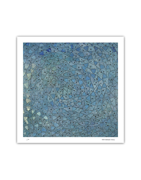 Blue Sardines is a Limited Edition Print by Seth B. Minkin with radiant blues, vibrant greens, and golden highlights, showcasing the brilliance of a school of swirling sardines.