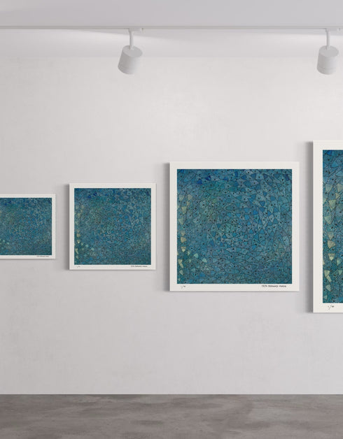 Blue Sardines is a Limited Edition Print by Seth B. Minkin with radiant blues, vibrant greens, and golden highlights, showcasing the brilliance of a school of swirling sardines.