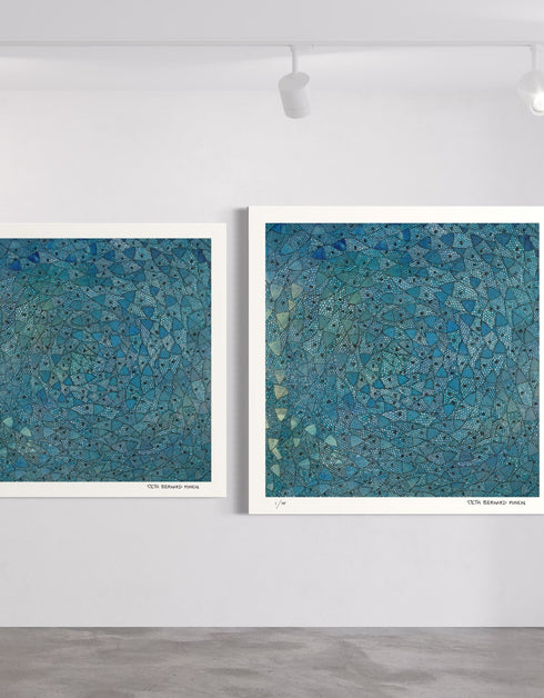 Blue Sardines is a Limited Edition Print by Seth B. Minkin with radiant blues, vibrant greens, and golden highlights, showcasing the brilliance of a school of swirling sardines.