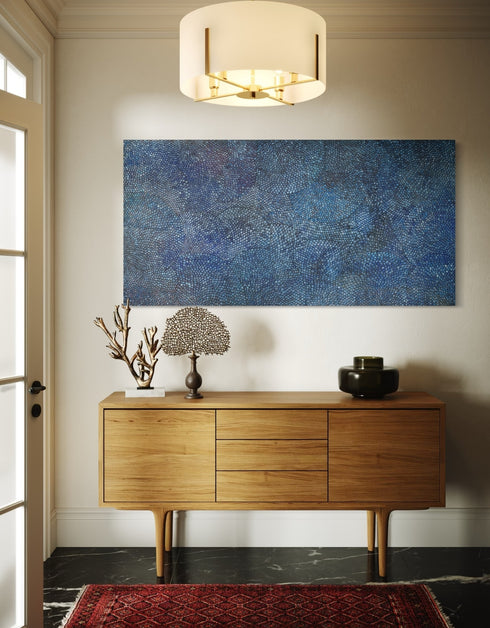 Cobalt Scales by Seth B. Minkin – a 36"x72" oil on canvas featuring intricate metallic scales radiating outward, blending organic growth and geometric rhythm