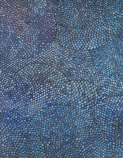 Giclée print on canvas of Seth B. Minkin’s Cobalt Scales. Intricate scales fan outward with metallic pigments, offering organic rhythm and geometric harmony, suitable for vertical or horizontal display.