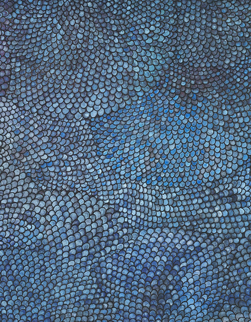 Giclée print on canvas of Seth B. Minkin’s Cobalt Scales. Intricate scales fan outward with metallic pigments, offering organic rhythm and geometric harmony, suitable for vertical or horizontal display.