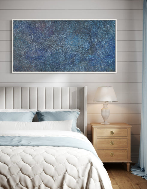 Giclée print on canvas of Seth B. Minkin’s Cobalt Scales. Intricate scales fan outward with metallic pigments, offering organic rhythm and geometric harmony, suitable for vertical or horizontal display.