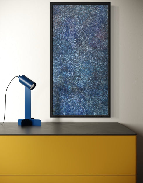 Giclée print on canvas of Seth B. Minkin’s Cobalt Scales. Intricate scales fan outward with metallic pigments, offering organic rhythm and geometric harmony, suitable for vertical or horizontal display.