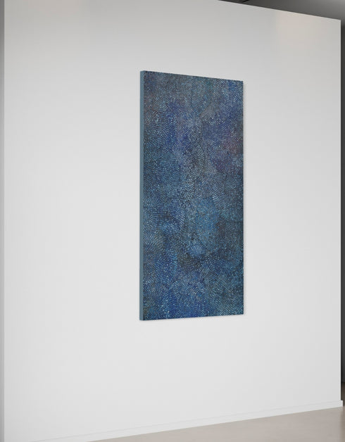 Giclée print on canvas of Seth B. Minkin’s Cobalt Scales. Intricate scales fan outward with metallic pigments, offering organic rhythm and geometric harmony, suitable for vertical or horizontal display.