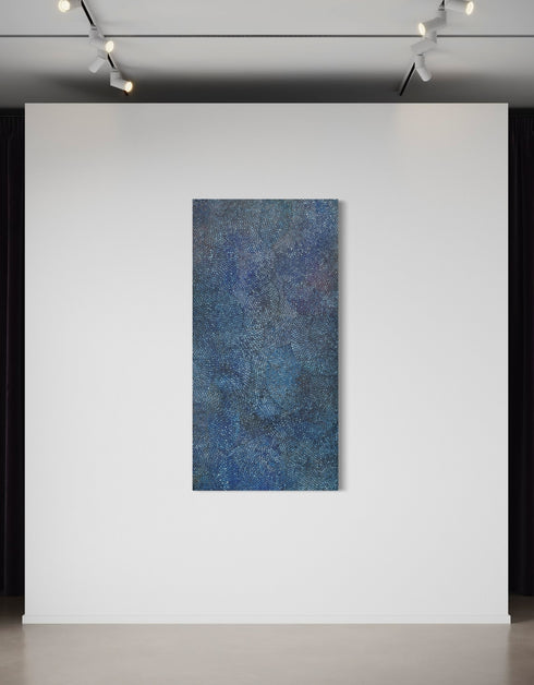 Giclée print on canvas of Seth B. Minkin’s Cobalt Scales. Intricate scales fan outward with metallic pigments, offering organic rhythm and geometric harmony, suitable for vertical or horizontal display.