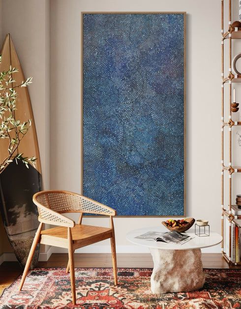 Giclée print on canvas of Seth B. Minkin’s Cobalt Scales. Intricate scales fan outward with metallic pigments, offering organic rhythm and geometric harmony, suitable for vertical or horizontal display.