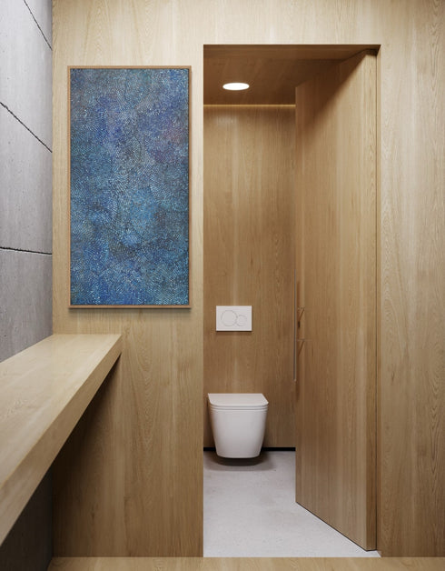 Giclée print on canvas of Seth B. Minkin’s Cobalt Scales. Intricate scales fan outward with metallic pigments, offering organic rhythm and geometric harmony, suitable for vertical or horizontal display.