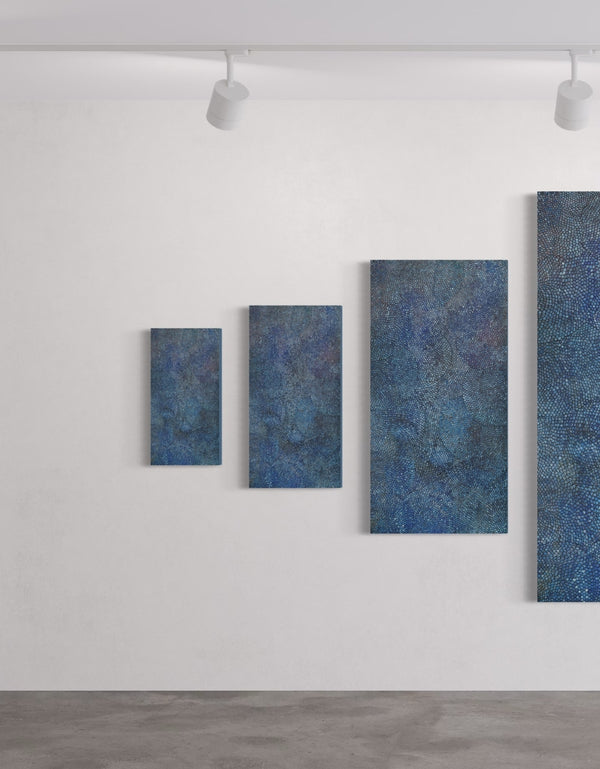 Giclée print on canvas of Seth B. Minkin’s Cobalt Scales. Intricate scales fan outward with metallic pigments, offering organic rhythm and geometric harmony, suitable for vertical or horizontal display.