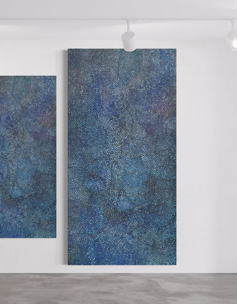 Giclée print on canvas of Seth B. Minkin’s Cobalt Scales. Intricate scales fan outward with metallic pigments, offering organic rhythm and geometric harmony, suitable for vertical or horizontal display.