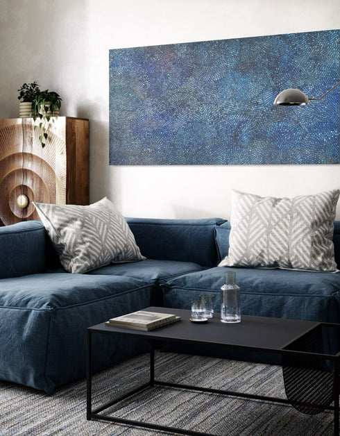 Cobalt Scales by Seth B. Minkin – a 36"x72" oil on canvas featuring intricate metallic scales radiating outward, blending organic growth and geometric rhythm