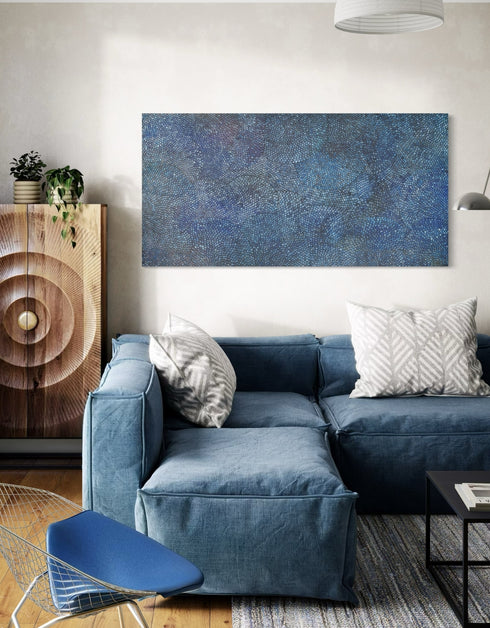 Cobalt Scales by Seth B. Minkin – a 36"x72" oil on canvas featuring intricate metallic scales radiating outward, blending organic growth and geometric rhythm