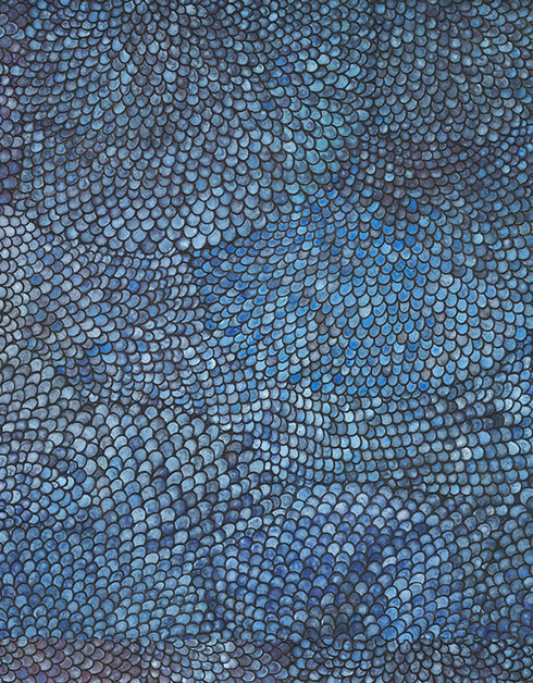 Cobalt Scales by Seth B. Minkin – a 36"x72" oil on canvas featuring intricate metallic scales radiating outward, blending organic growth and geometric rhythm
