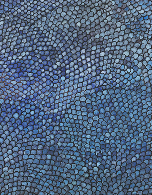 Cobalt Scales by Seth B. Minkin – a 36"x72" oil on canvas featuring intricate metallic scales radiating outward, blending organic growth and geometric rhythm