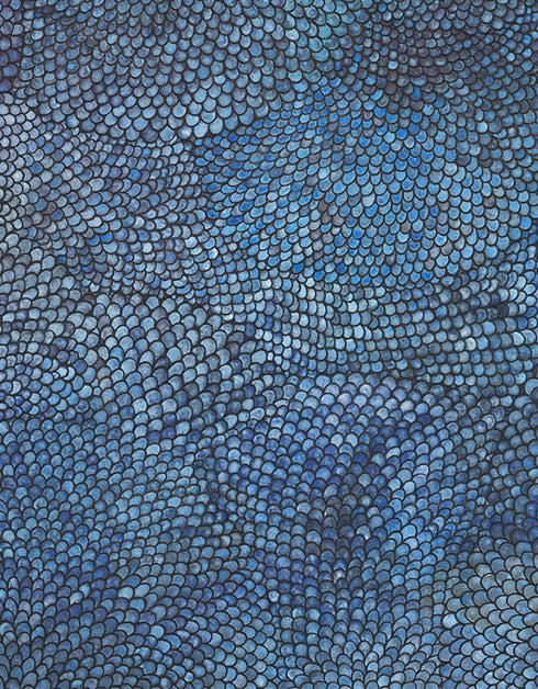 Cobalt Scales by Seth B. Minkin – a 36"x72" oil on canvas featuring intricate metallic scales radiating outward, blending organic growth and geometric rhythm