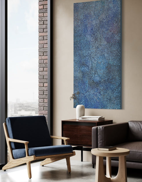 Cobalt Scales by Seth B. Minkin – a 36"x72" oil on canvas featuring intricate metallic scales radiating outward, blending organic growth and geometric rhythm