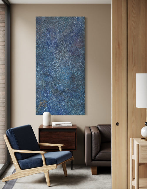 Cobalt Scales by Seth B. Minkin – a 36"x72" oil on canvas featuring intricate metallic scales radiating outward, blending organic growth and geometric rhythm