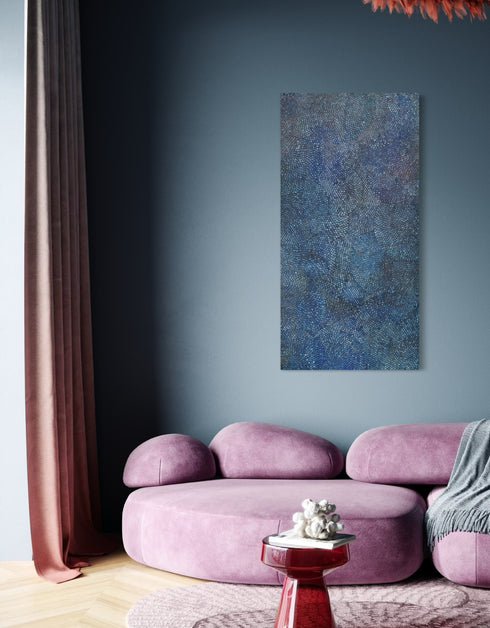 Cobalt Scales by Seth B. Minkin – a 36"x72" oil on canvas featuring intricate metallic scales radiating outward, blending organic growth and geometric rhythm