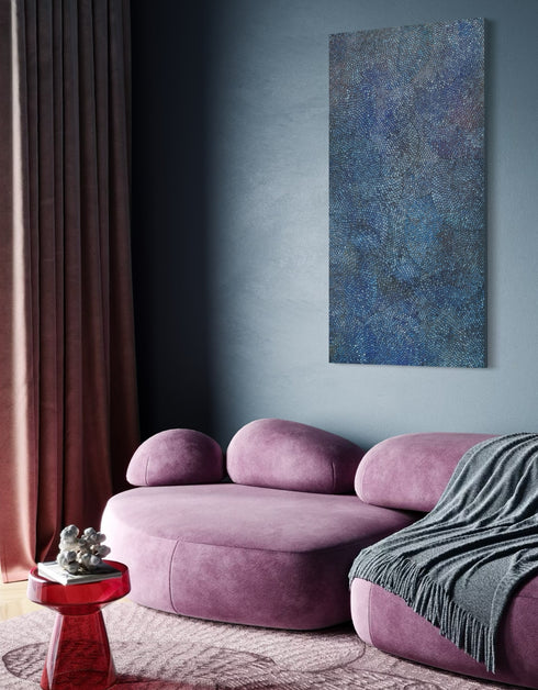 Cobalt Scales by Seth B. Minkin – a 36"x72" oil on canvas featuring intricate metallic scales radiating outward, blending organic growth and geometric rhythm