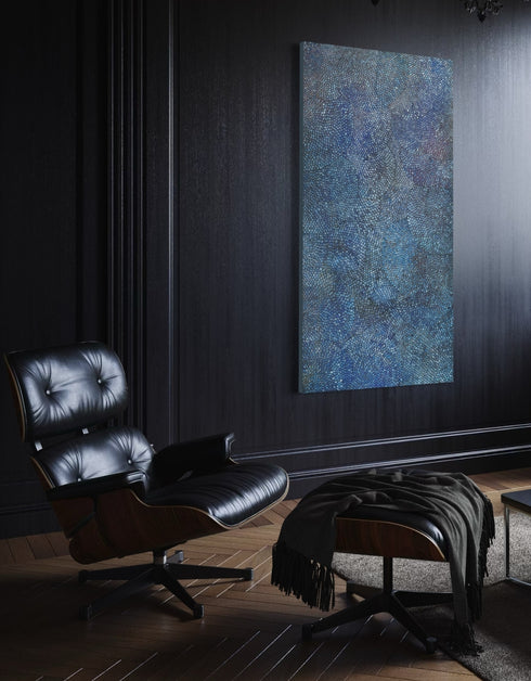 Cobalt Scales by Seth B. Minkin – a 36"x72" oil on canvas featuring intricate metallic scales radiating outward, blending organic growth and geometric rhythm