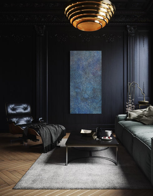 Cobalt Scales by Seth B. Minkin – a 36"x72" oil on canvas featuring intricate metallic scales radiating outward, blending organic growth and geometric rhythm