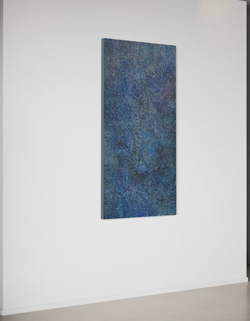 Cobalt Scales by Seth B. Minkin – a 36"x72" oil on canvas featuring intricate metallic scales radiating outward, blending organic growth and geometric rhythm