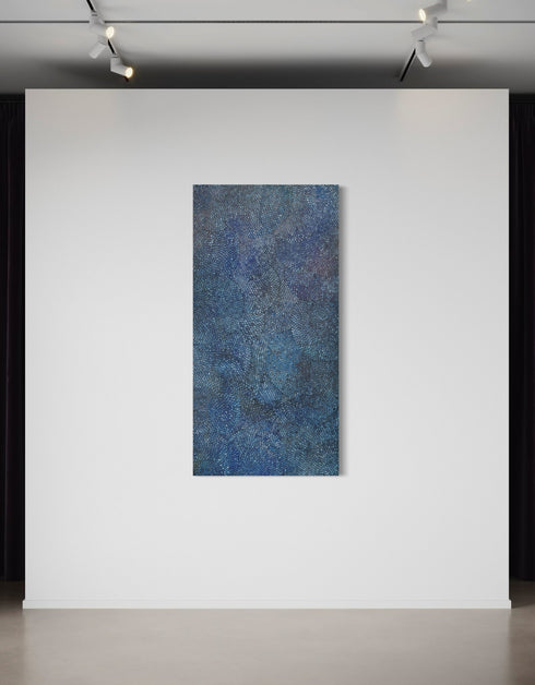 Cobalt Scales by Seth B. Minkin – a 36"x72" oil on canvas featuring intricate metallic scales radiating outward, blending organic growth and geometric rhythm