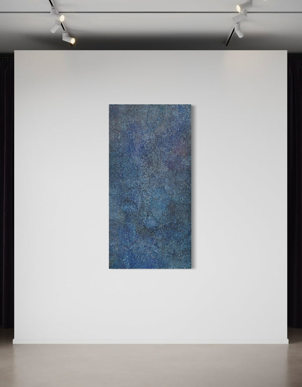 Cobalt Scales by Seth B. Minkin – a 36"x72" oil on canvas featuring intricate metallic scales radiating outward, blending organic growth and geometric rhythm