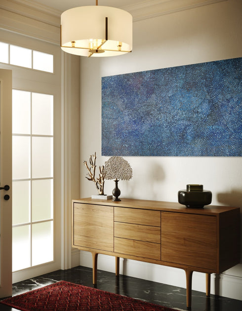 Cobalt Scales by Seth B. Minkin – a 36"x72" oil on canvas featuring intricate metallic scales radiating outward, blending organic growth and geometric rhythm