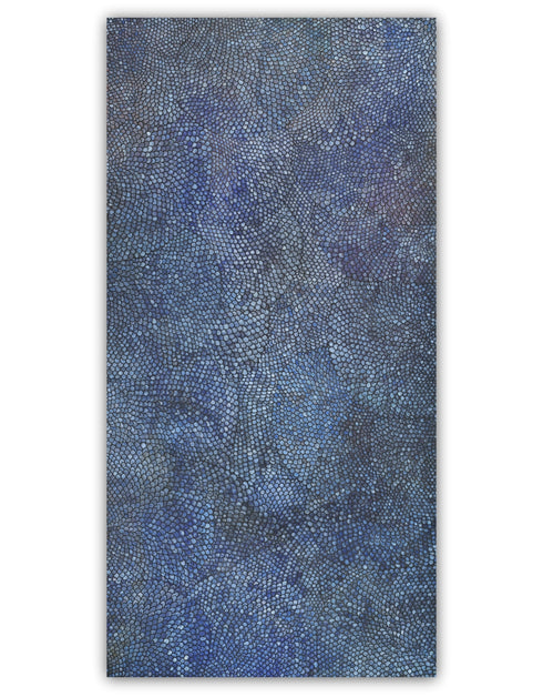 Cobalt Scales by Seth B. Minkin – a 36"x72" oil on canvas featuring intricate metallic scales radiating outward, blending organic growth and geometric rhythm