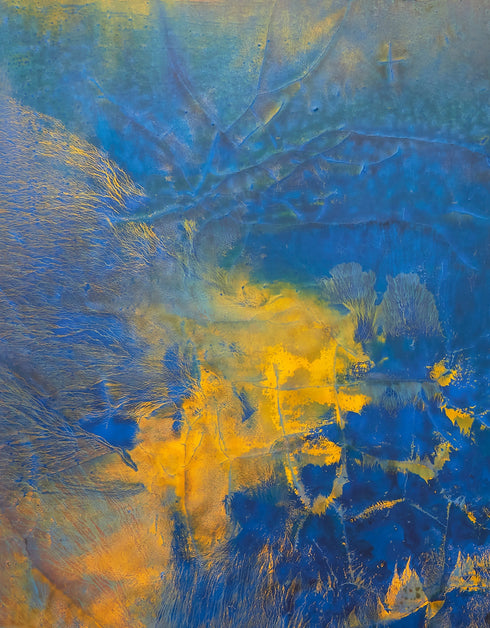 Convection is a Giclee on Canvas Print by Seth B. Minkin, with vivid hues and abstract forms, capturing the dynamic energy and vibrant interplay of rich blue, gold and earth tones.