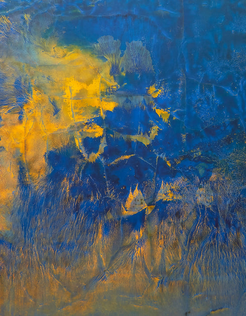 Convection is a Limited Edition Print by Seth B. Minkin, with vivid hues and abstract forms, capturing the dynamic energy and vibrant interplay of rich blue, gold and earth tones.