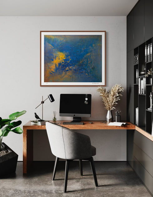 Convection is a Limited Edition Print by Seth B. Minkin, with vivid hues and abstract forms, capturing the dynamic energy and vibrant interplay of rich blue, gold and earth tones.