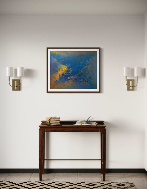 Convection is a Limited Edition Print by Seth B. Minkin, with vivid hues and abstract forms, capturing the dynamic energy and vibrant interplay of rich blue, gold and earth tones.