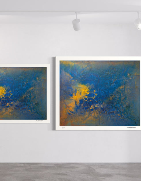 Convection is a Limited Edition Print by Seth B. Minkin, with vivid hues and abstract forms, capturing the dynamic energy and vibrant interplay of rich blue, gold and earth tones.