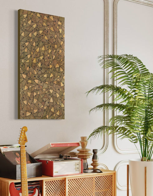 24"x48" painting with a warm palette of gold, rose gold, and copper, featuring detailed sardines with a shimmering metallic effect.