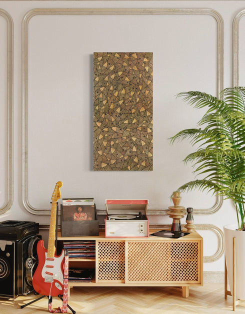 24"x48" painting with a warm palette of gold, rose gold, and copper, featuring detailed sardines with a shimmering metallic effect.