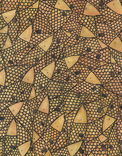 24"x48" painting with a warm palette of gold, rose gold, and copper, featuring detailed sardines with a shimmering metallic effect.