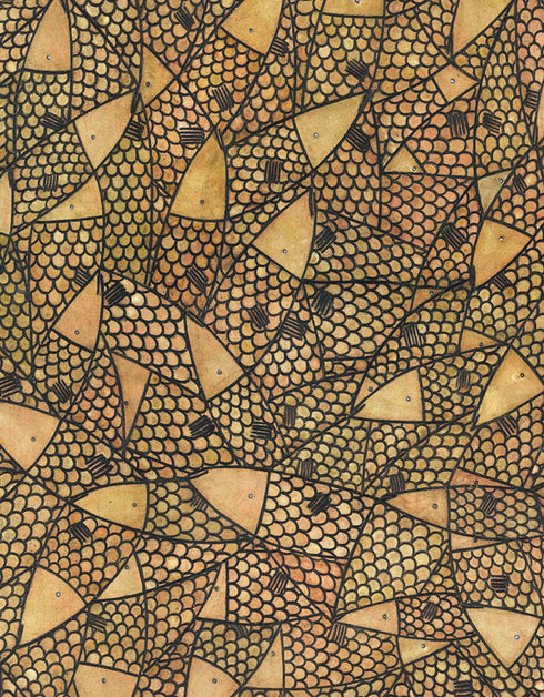 24"x48" painting with a warm palette of gold, rose gold, and copper, featuring detailed sardines with a shimmering metallic effect.