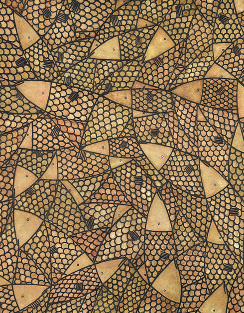 24"x48" painting with a warm palette of gold, rose gold, and copper, featuring detailed sardines with a shimmering metallic effect.