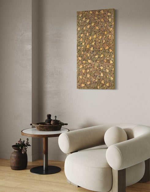 24"x48" painting with a warm palette of gold, rose gold, and copper, featuring detailed sardines with a shimmering metallic effect.